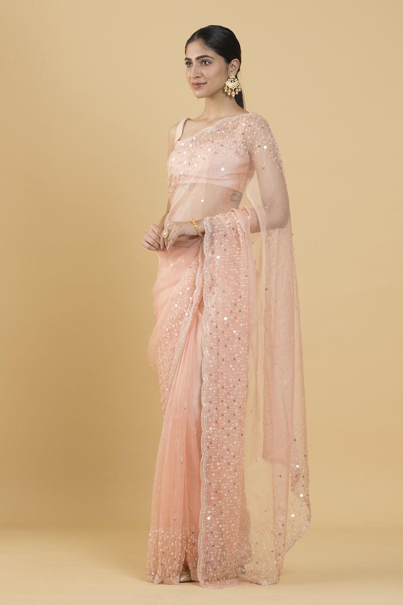 Buy Peach Embroidered Organza Saree For Women Online