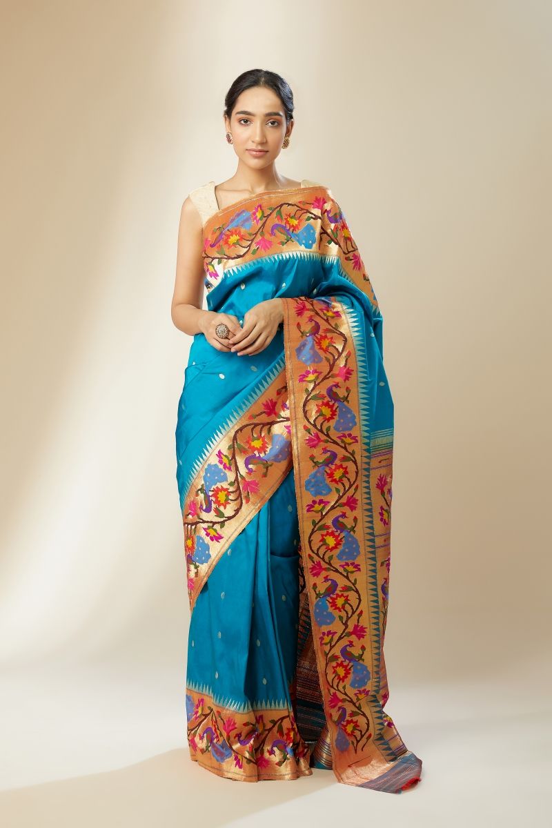 Buy Turquoise Blue Paithani Silk Saree For Women Online