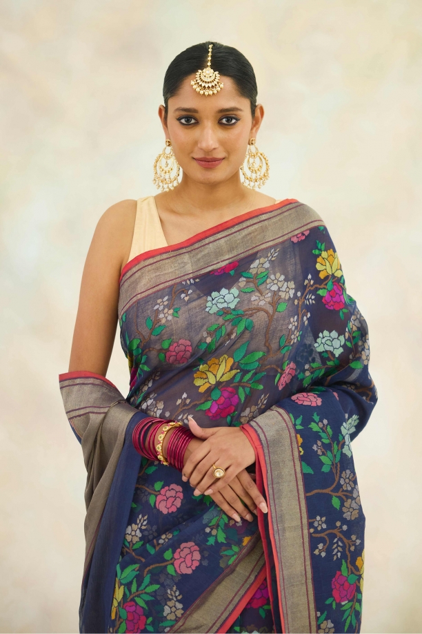 Charcoal Blue Multimeena Handloom Organza Saree