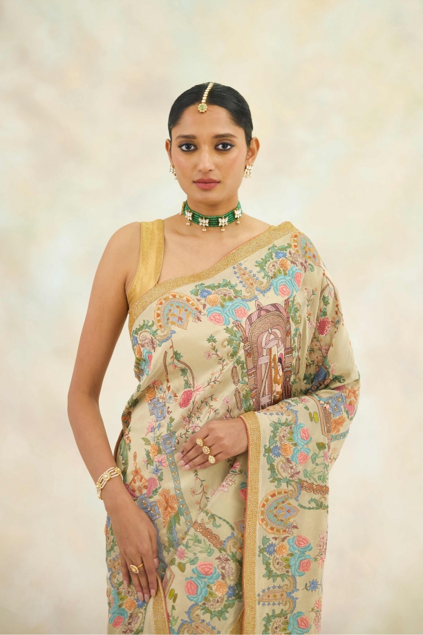 Metallic Beige Hand Embroidered Saree