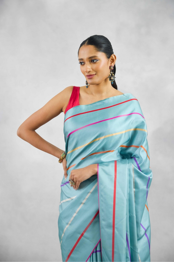 Powder Blue Satin Silk Saree