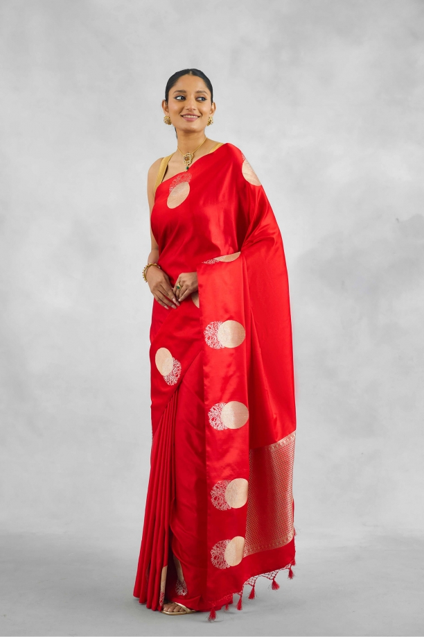 Vermillion Red Satin Silk Saree