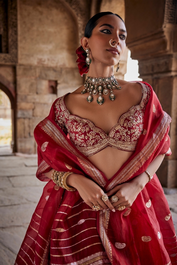 Deep Red Silk Bandhani Lehenga