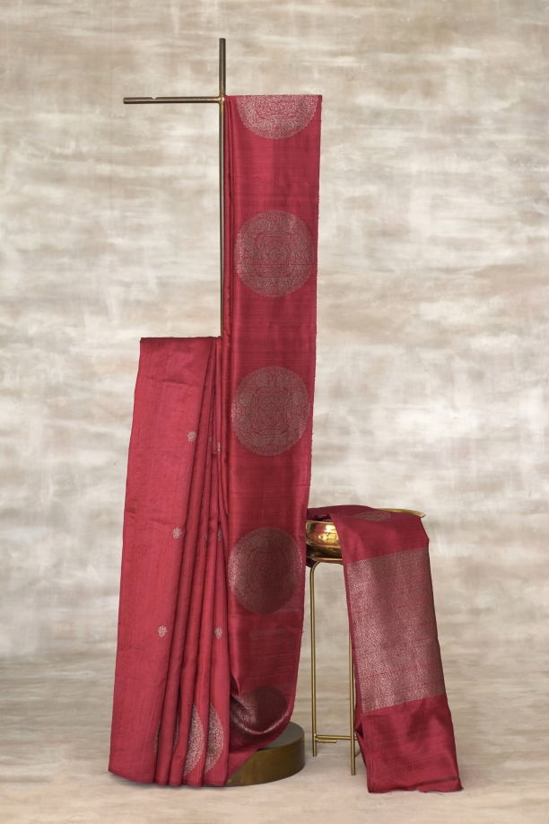 Crimson Banarasi Tussar Silk Saree