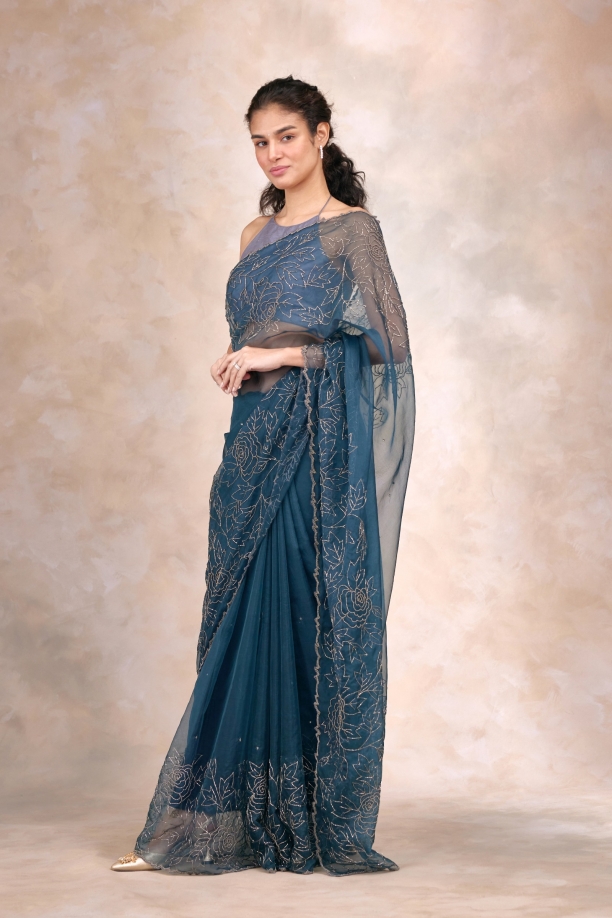 Navy-Blue Zari Weaving Organza Silk Saree With Blouse