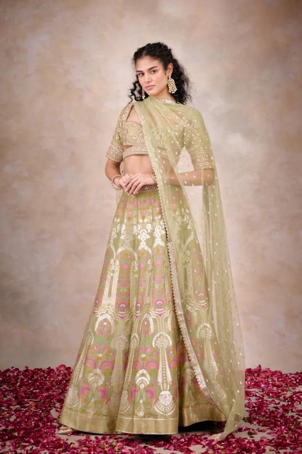 Chartreuse Green Banarasi Silk Lehenga