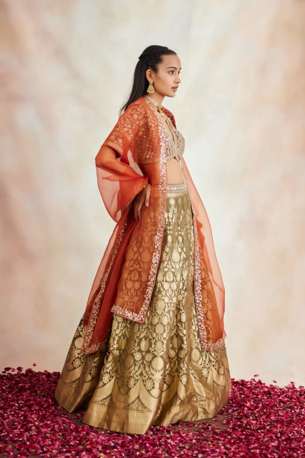 Henna Green Banarasi Silk Lehenga