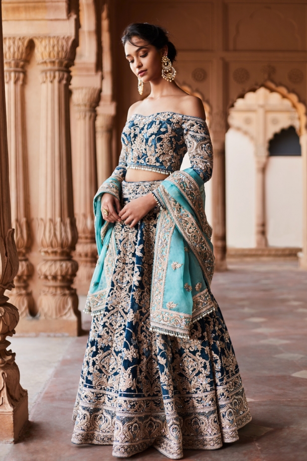 Turquoise Teal off shoulder Lehenga set 