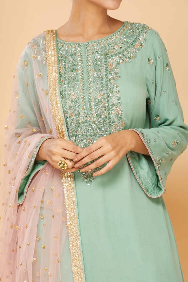 Mint Green Embroidered Kurta And Dhoti