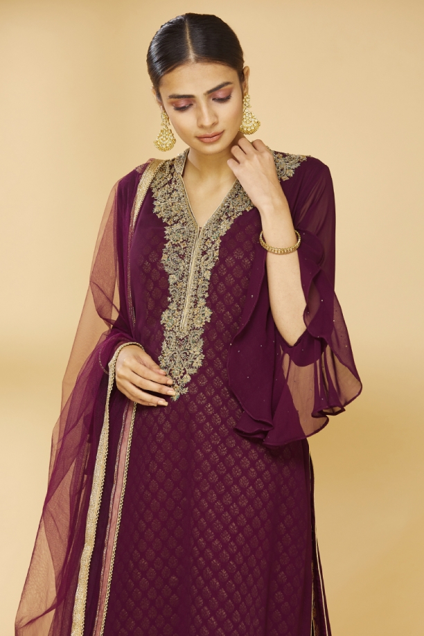 Wine Embroidered Plazzo Suit