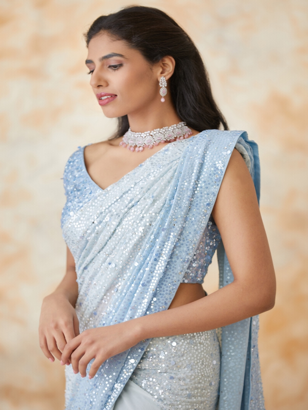 Buy Blue Saree - Satin Organza Embellished Work Pre-draped With Blouse For  Women by Vvani by Vani Vats Online at Aza Fashions.