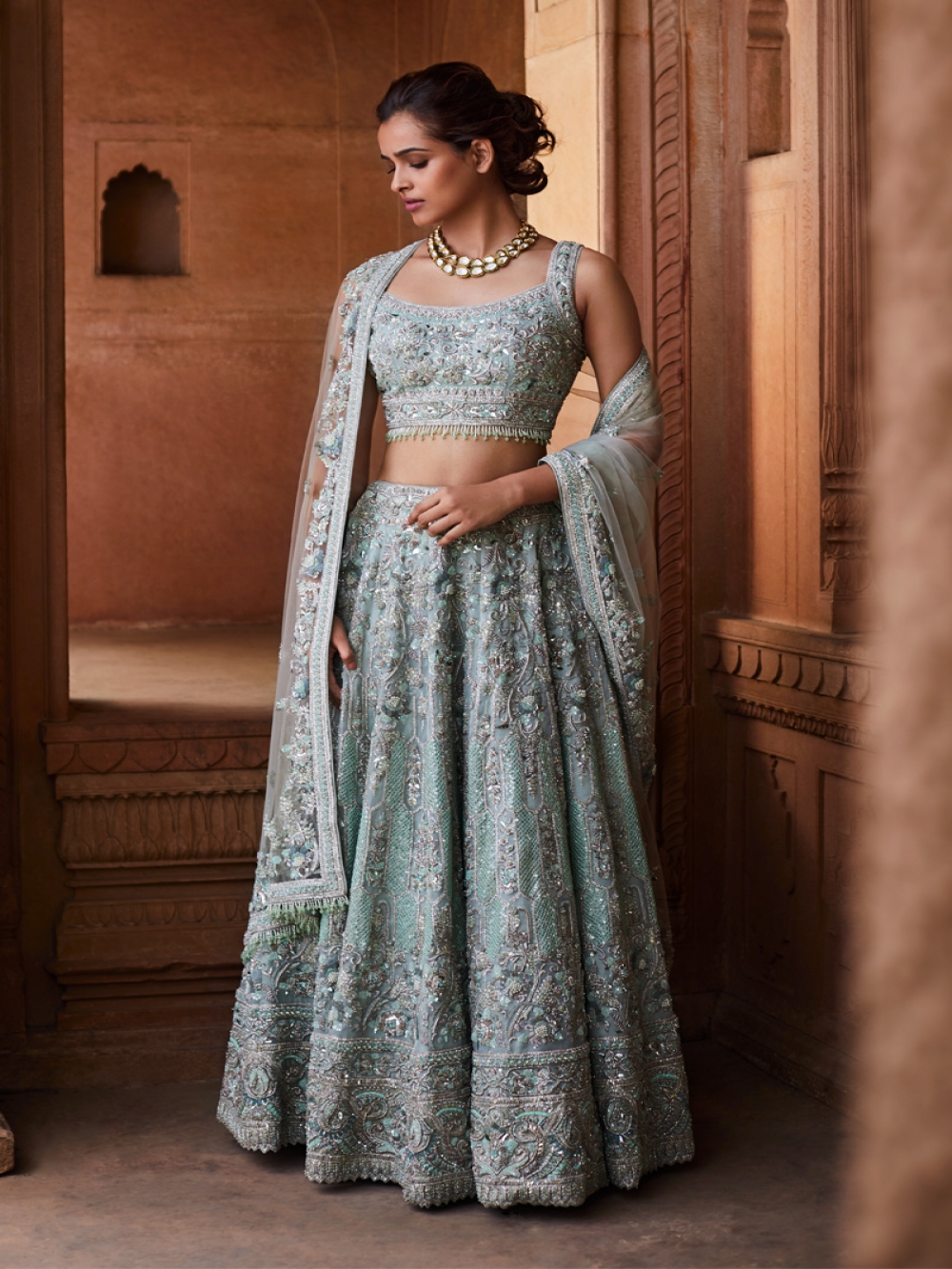 Grey and Blue Embroidered Lehenga - Rent