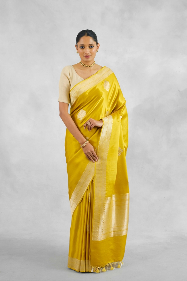 British Yellow Mashru Silk Saree