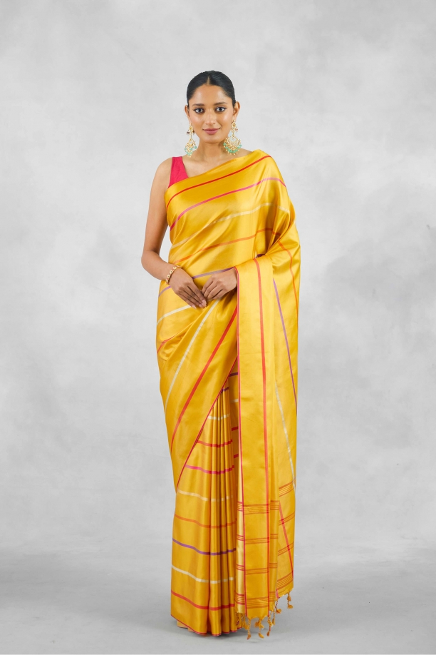 Mustard Yellow Satin Silk Saree