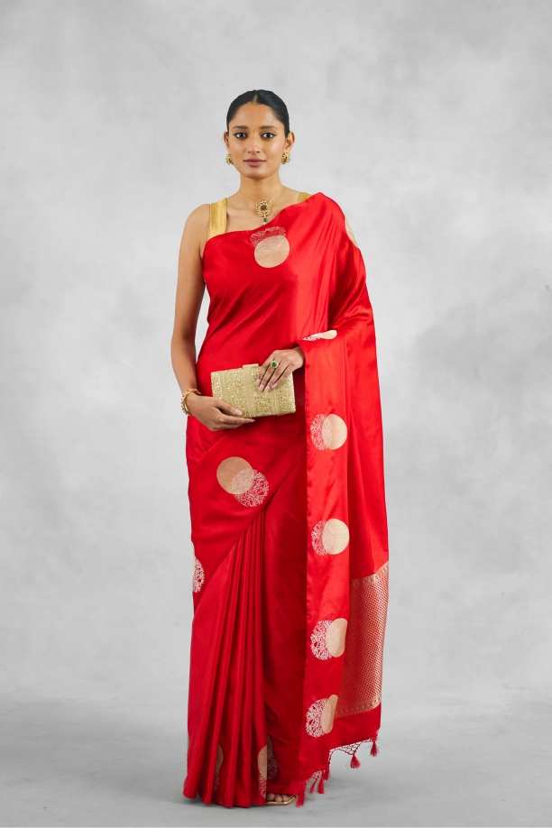 Vermillion Red Satin Silk Saree