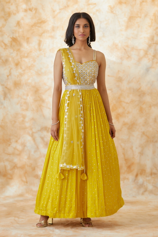 Yellow silk 3 piece kurti full length dress – Threads