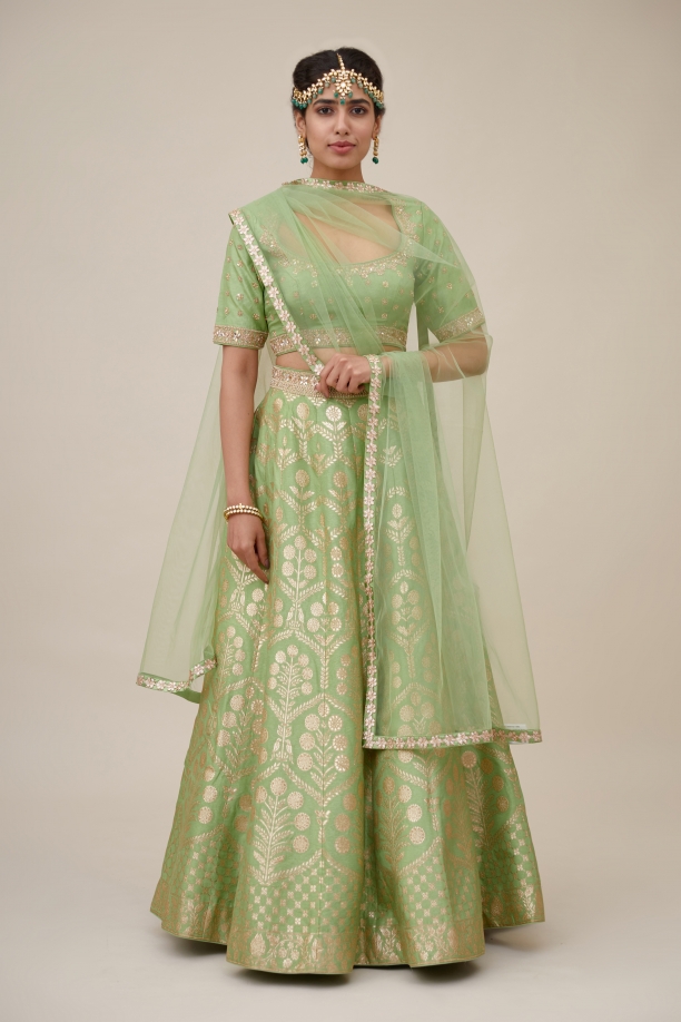 Thyme Green Raw Silk Lehenga