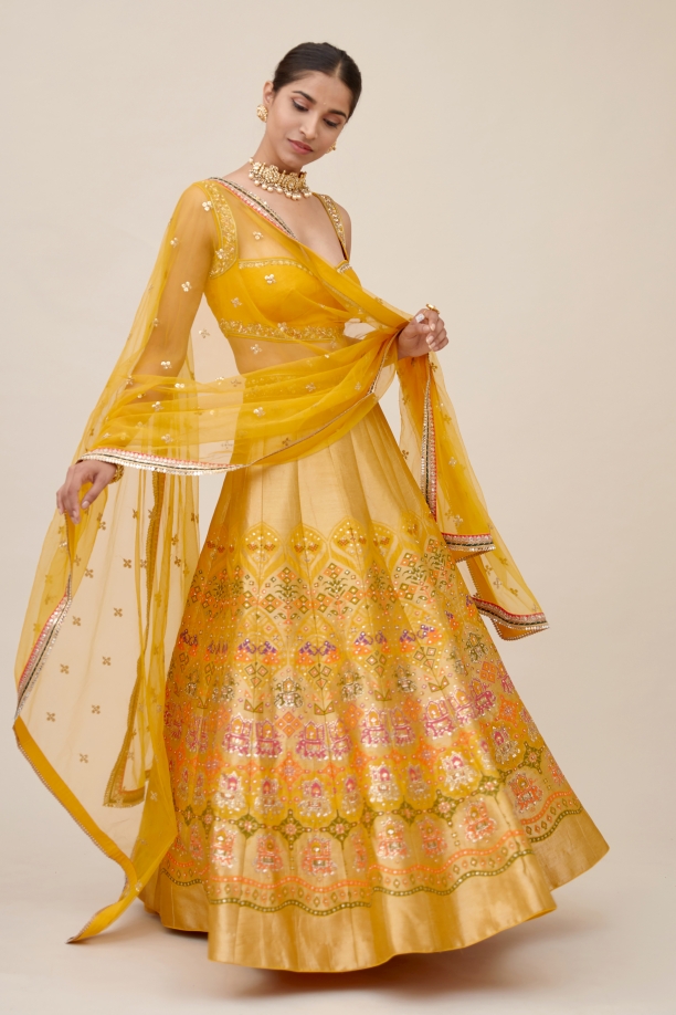 Canary Yelloe Raw silk Lehenga