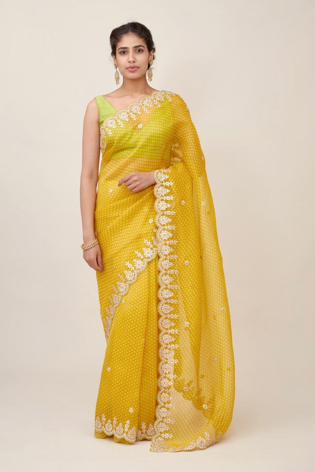 Mustard Ready to Wear Stitched Lycra Saree With Heavy Embroidery
