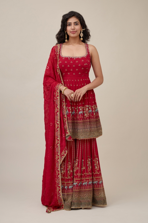 New Exclusive Red Color Embroidery Work Sharara Suit