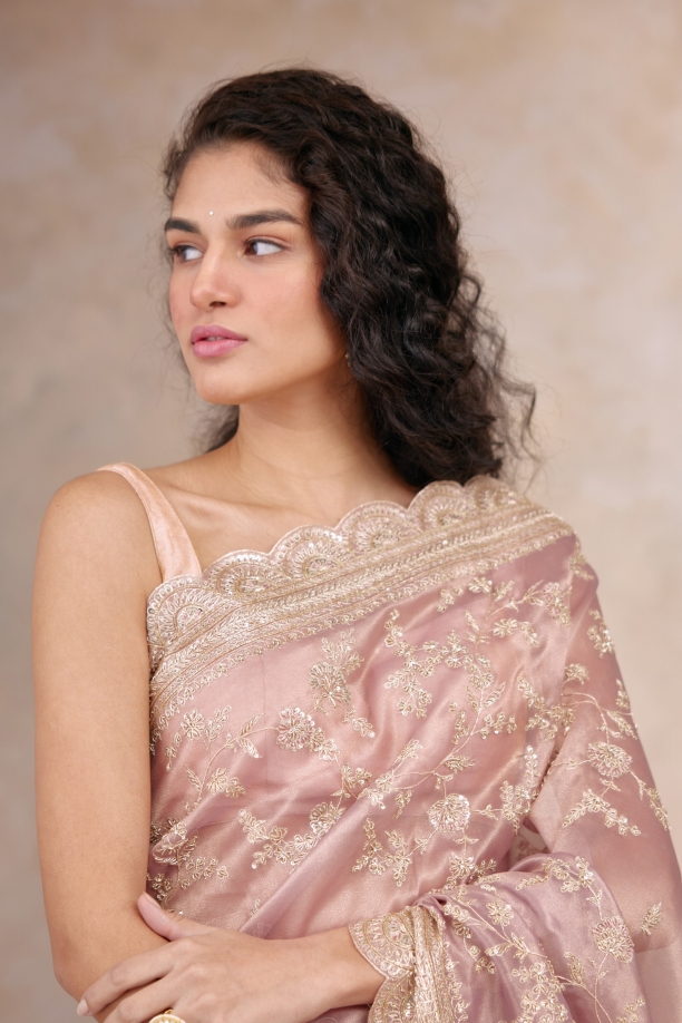 Buy Zari Embroidered Organza Pink Saree (NWSA-6071) Online