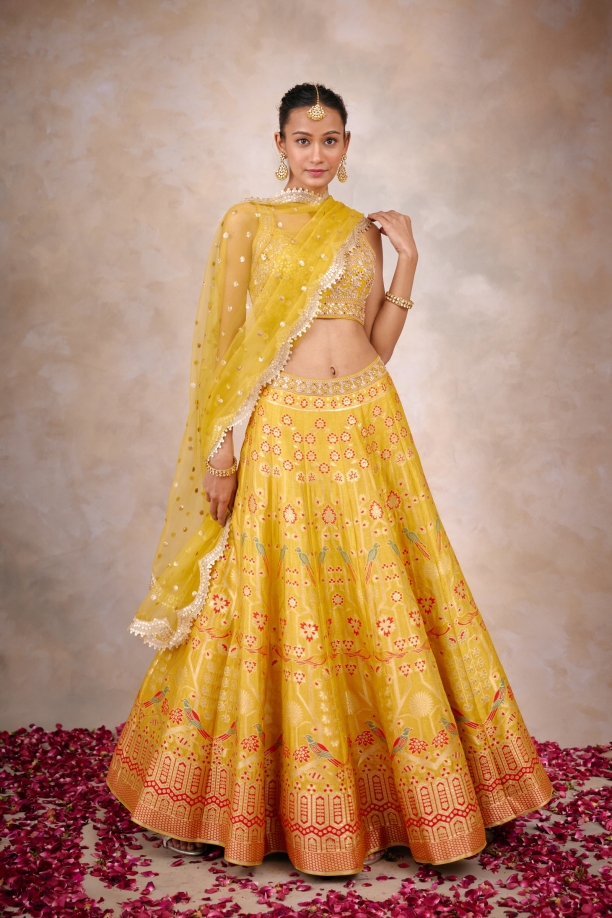 Buy Yellow Net Embroidery Halter Lehenga Set For Women by Shloka Khialani  Online at Aza Fashions.