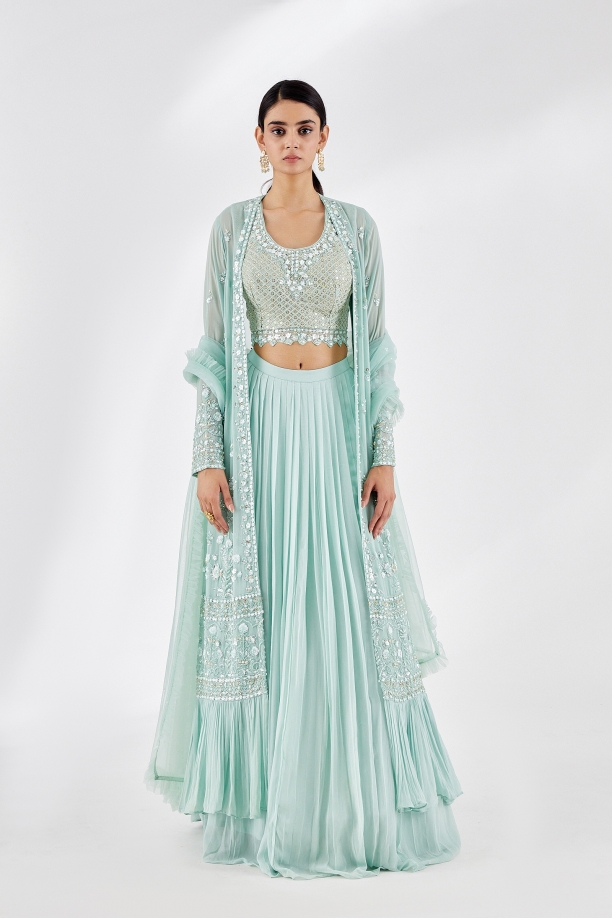 Ice Blue Organza Jacket Lehenga Dress in Net #BS628 | Pakistani bridal  dresses, Jacket lehenga, Pakistani bridal