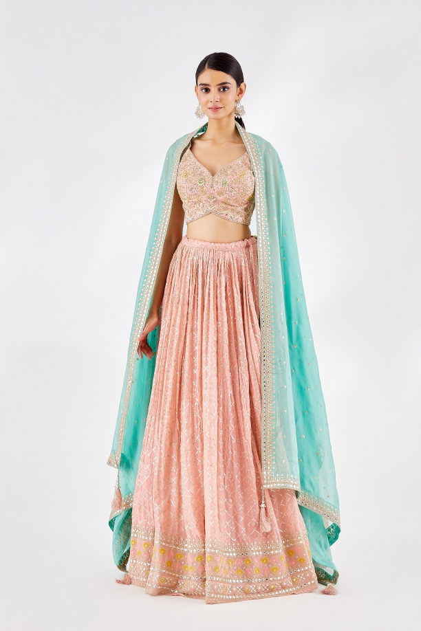 Premium Designer Peach and Sea Green Lehenga #BN819 | Green lehenga, Bridal  dresses, Pakistani wedding dresses