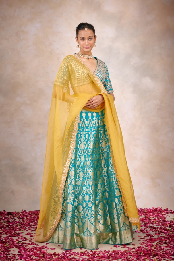 Pastel Green Mughal Floral Embroidered Lehenga Set With Blouse And Dupatta  - Hijab Online