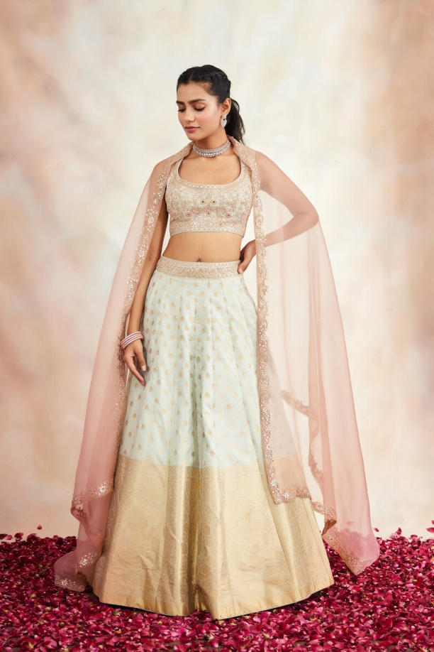 Powder Grey Banarasi Silk Lehenga