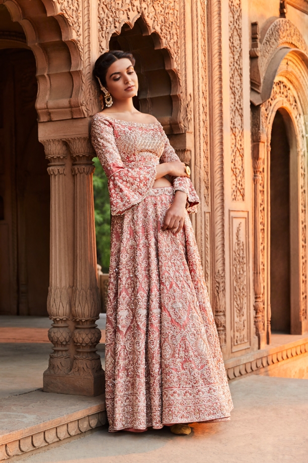 Salmon Peach Embroidered Satin Organza Lehenga