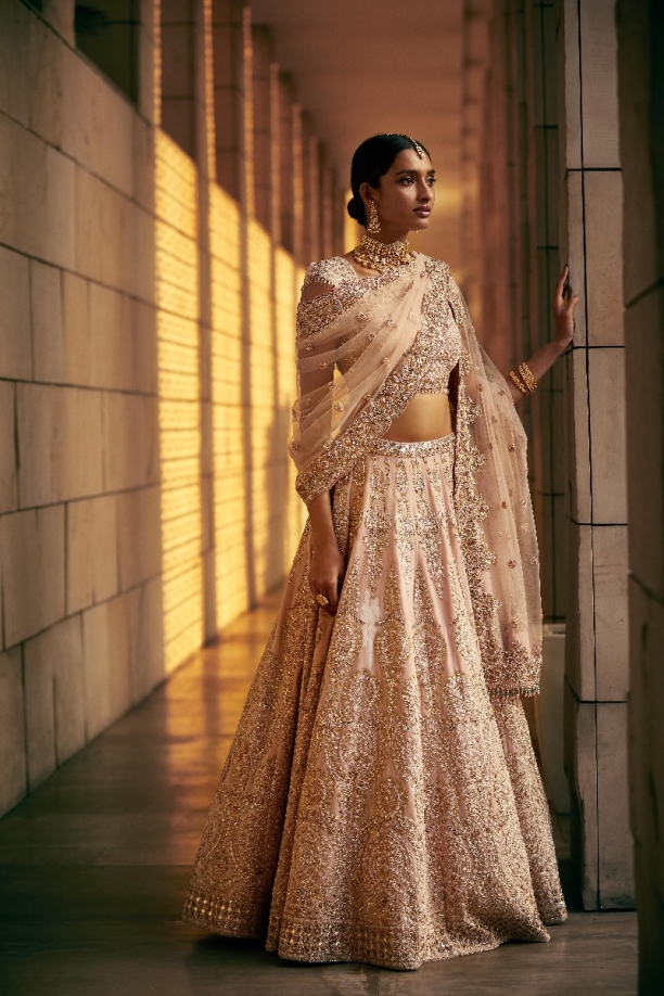 Peachish Pink Embroidered Lehenga