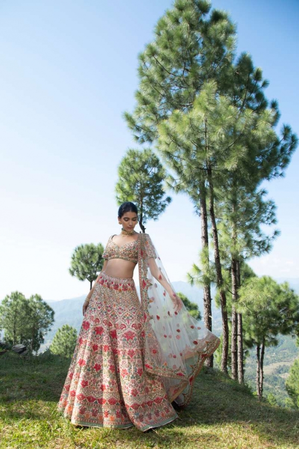 Multi-Coloured Raw Silk Lehenga