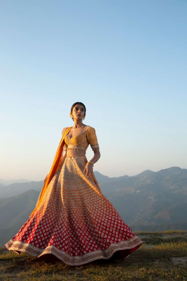 Red And Yellow Ombre Silk Lehenga