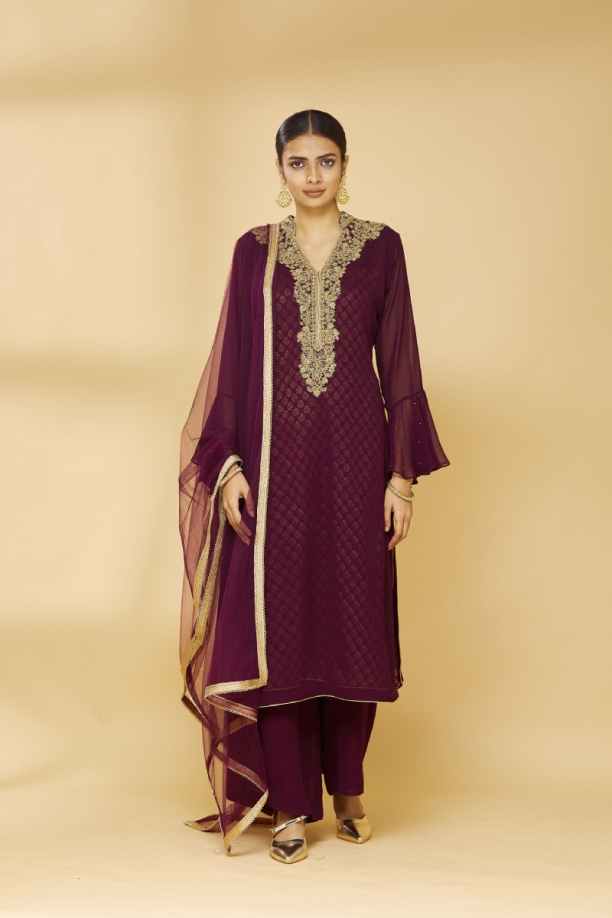 Wine Embroidered Plazzo Suit