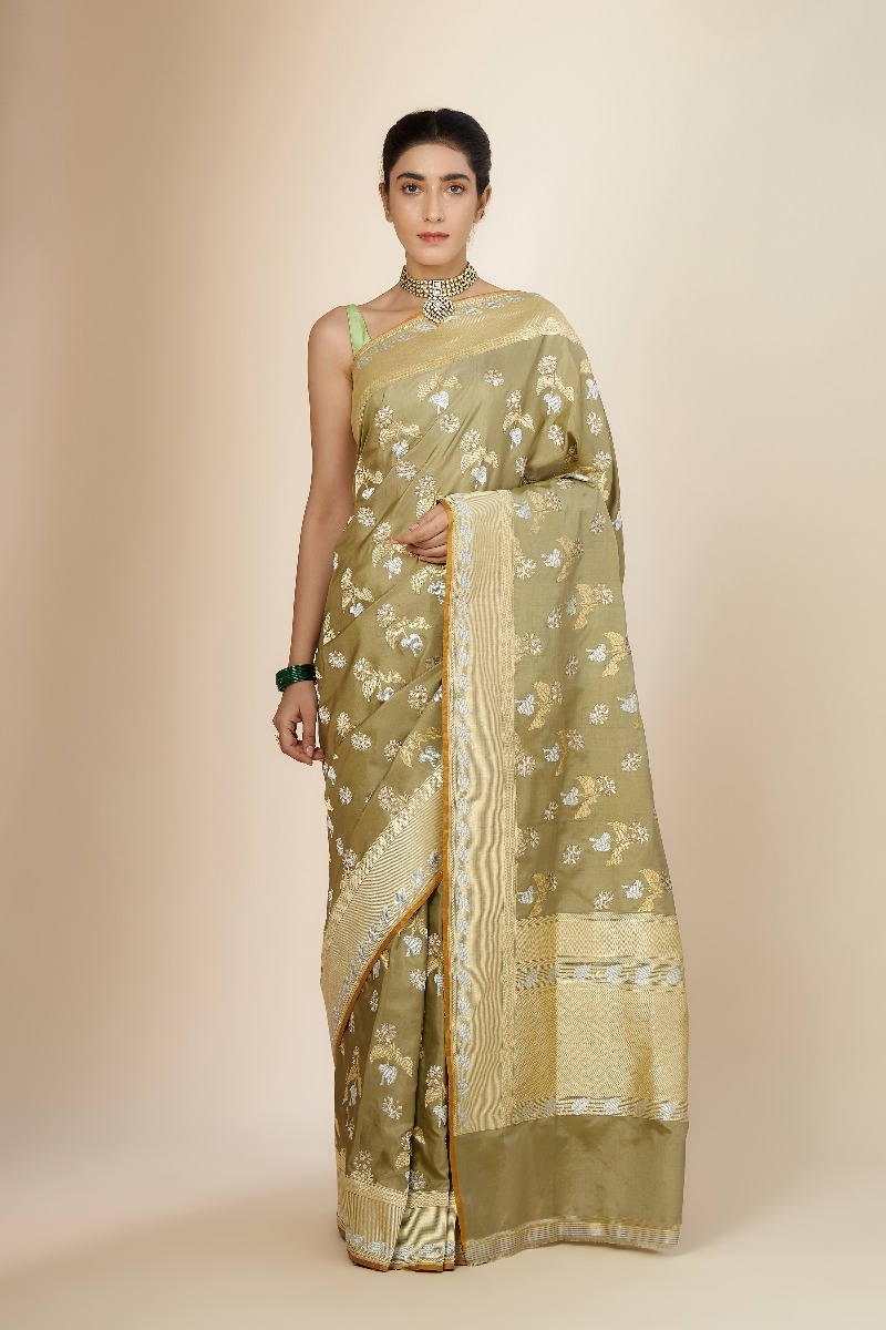 Cotton Silk Plain Single Color Saree – Olive Green - The Bong Collection