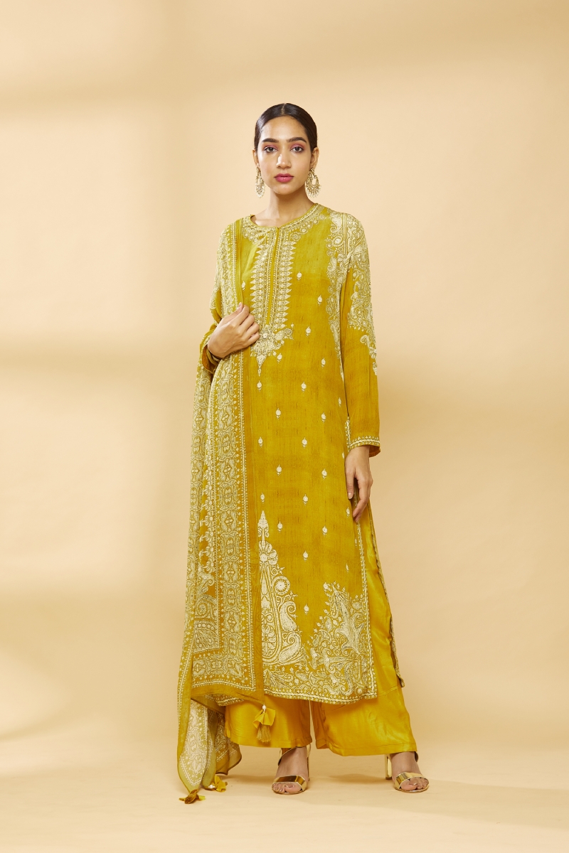 Buy Mustard Digital Print Embroidered Plazzo Suit For Women Online