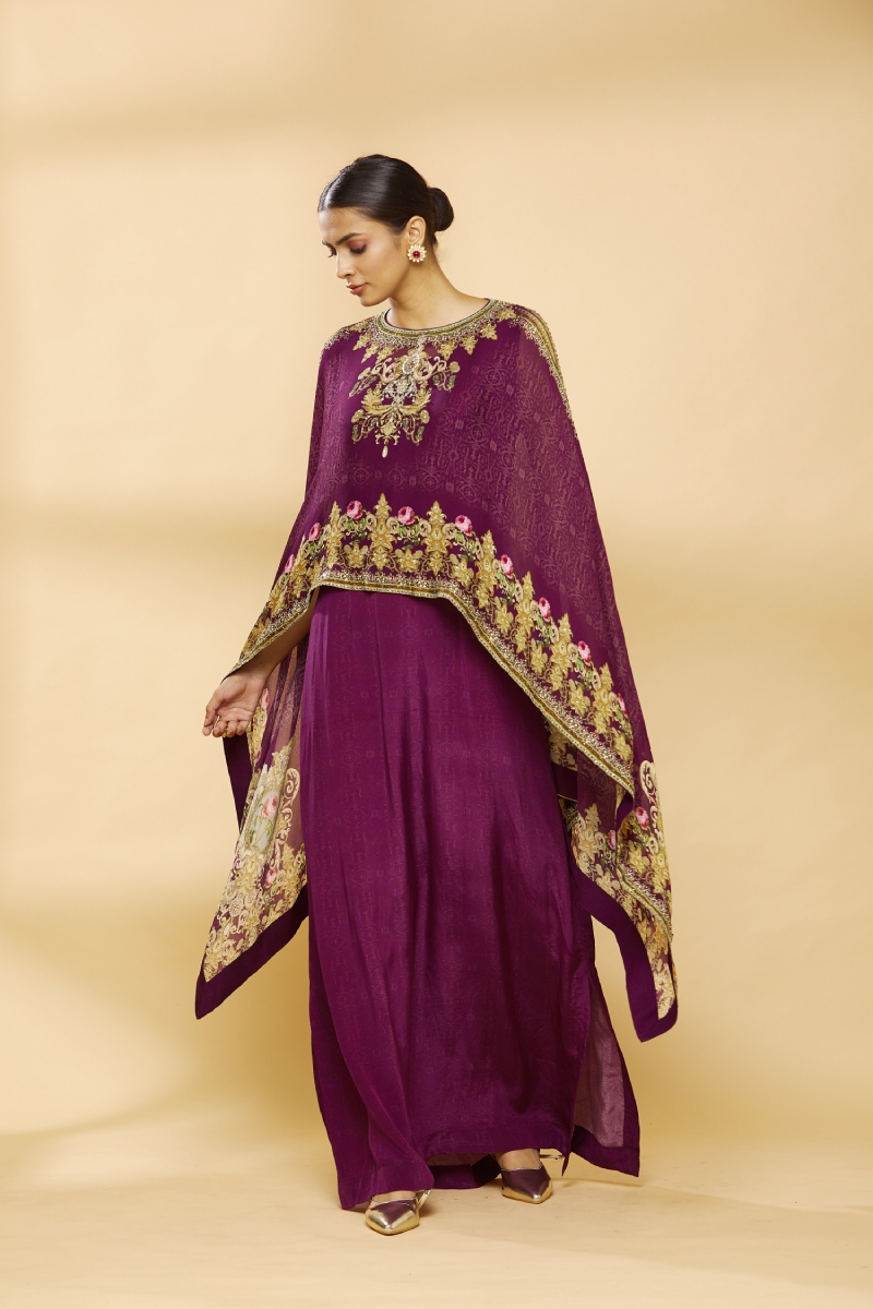 Navy Blue Crepe Gown With Cape Style Sleeve And Embroidered Bodice –  Viraaya By Ushnakmals
