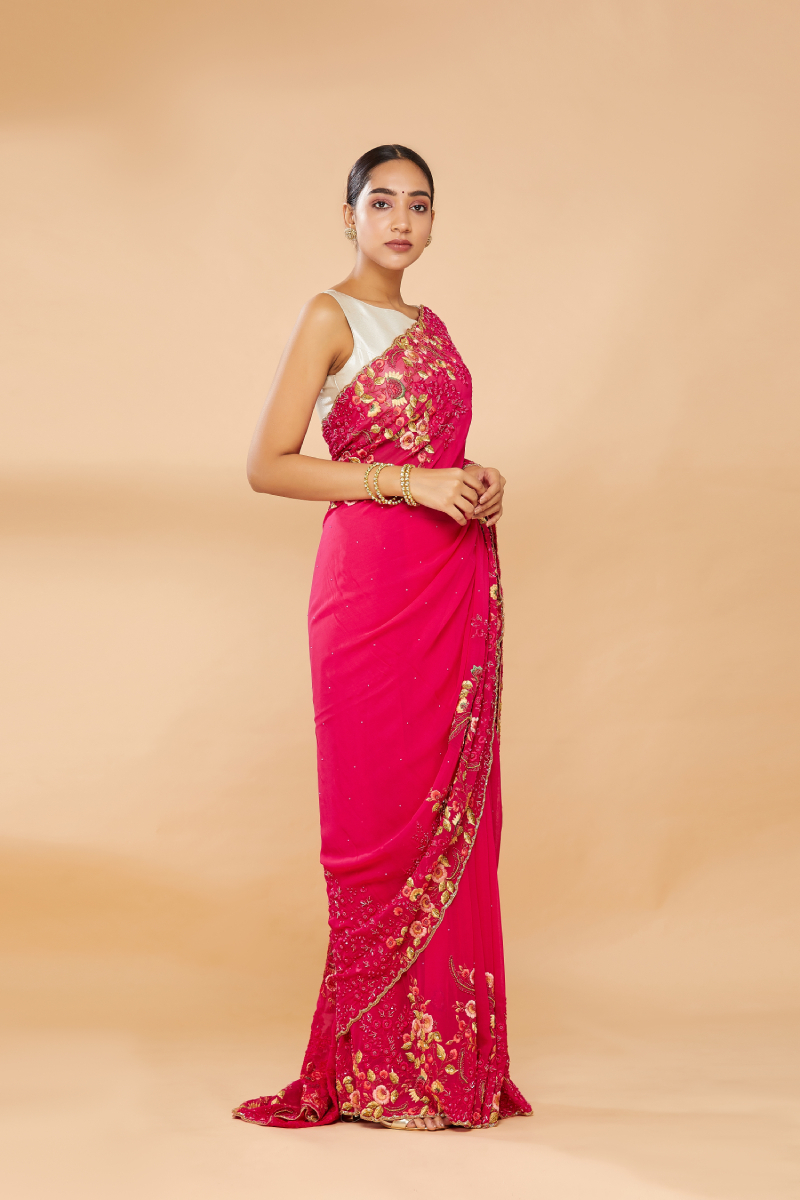 Ruby Pink and Golden Weaving Silk Sarees for Weddings | Latest Designer |  The Silk Trend