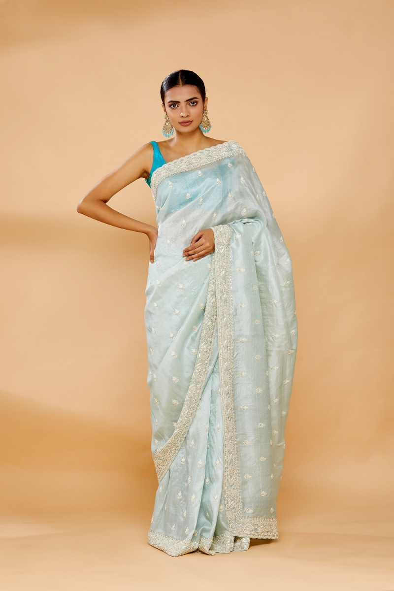 Buy Blue Saree Pure Organza And Blouse Satin Floral With For Women by Gul  By Aishwarya Online at Aza Fashions.