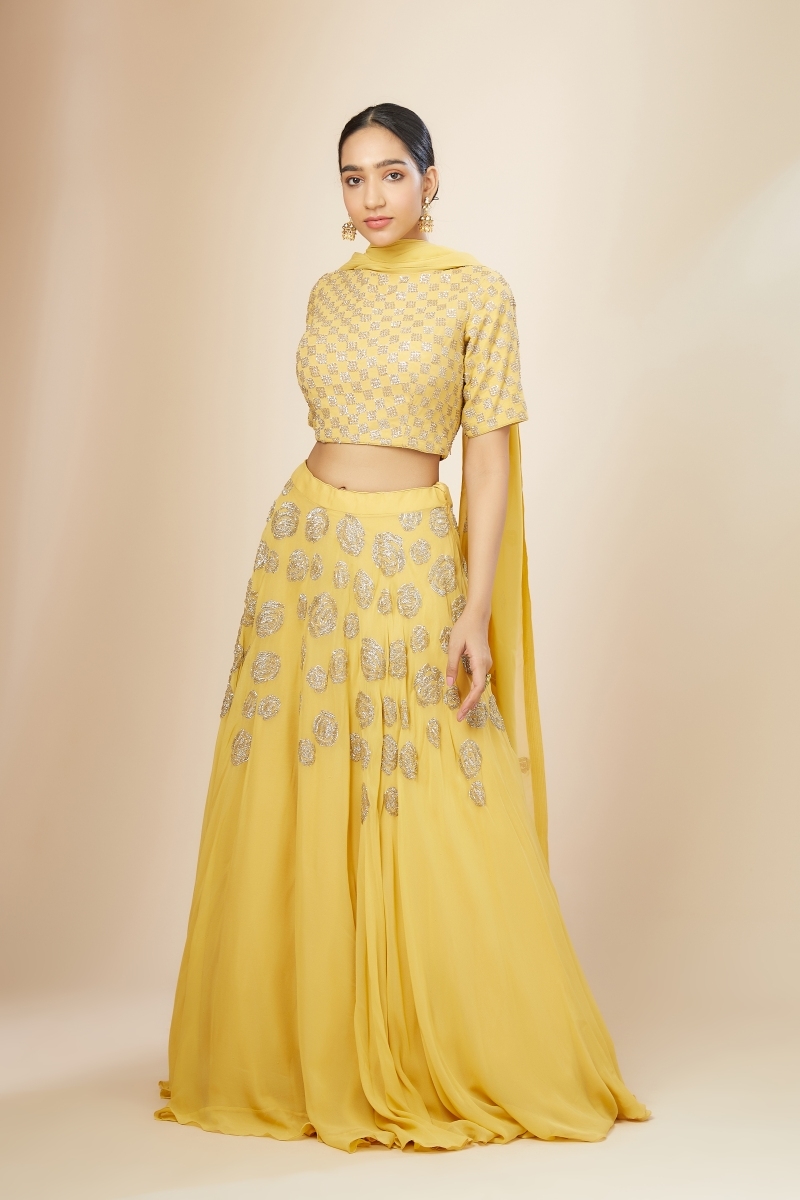 Crop Top and Skirt Lehengas | Yellow lehenga, Lehenga, Bridal blouse designs