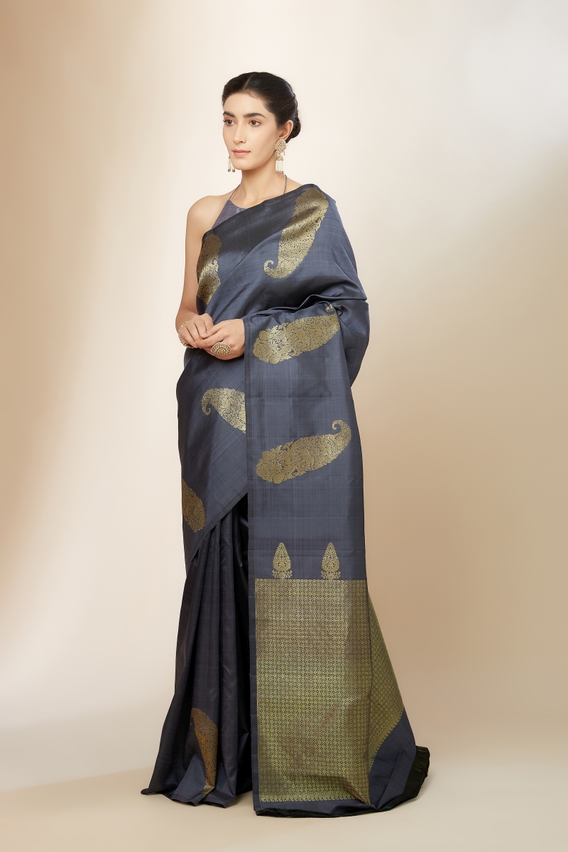 Elegant Grey Hand Painted Madhubani Ghicha Silk Saree – WeaversIndia