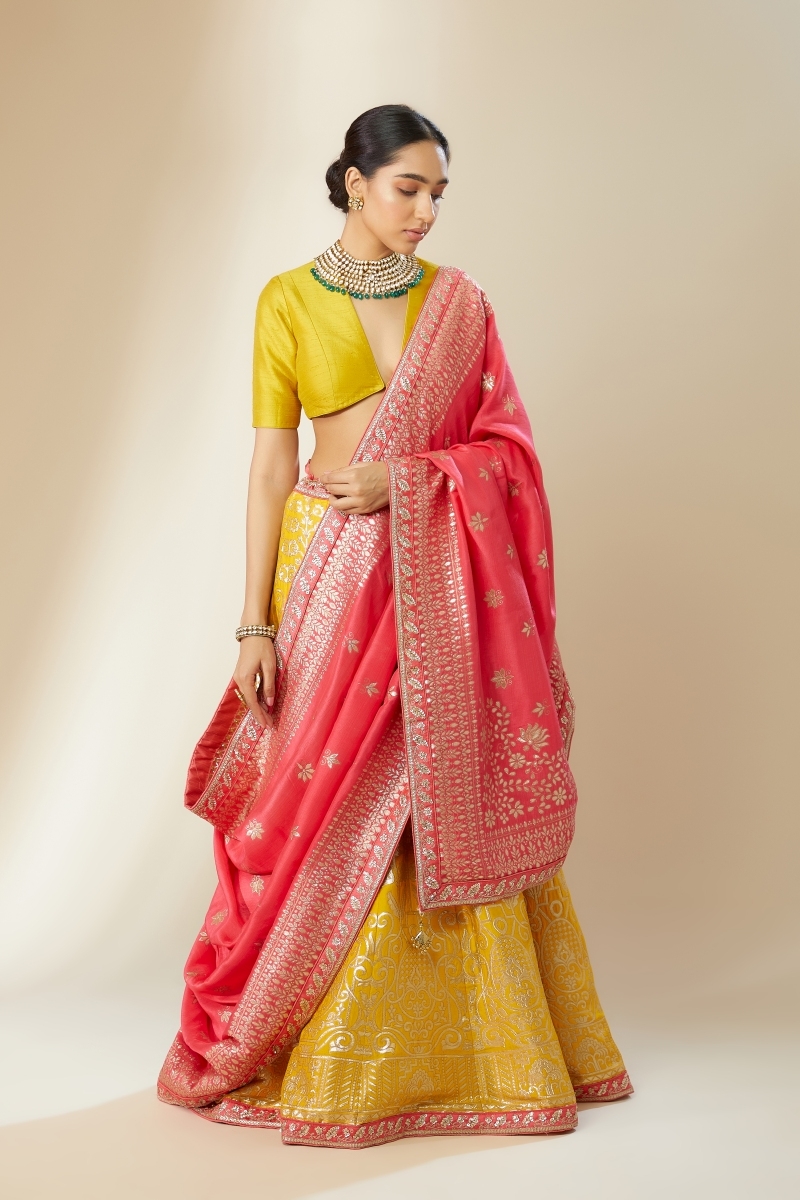 Silk Weave And Stone Work Pink Color Lehenga Choli With Banarasi Dupatta