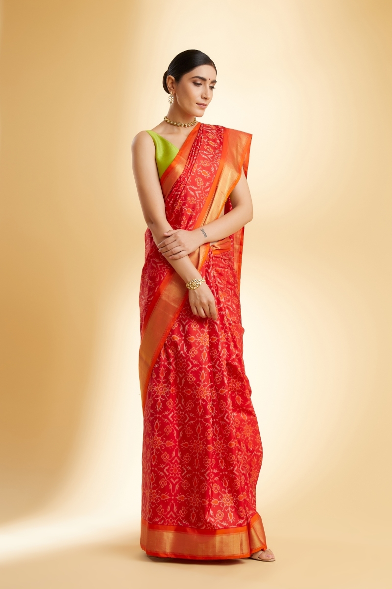 orange blended cotton saree with golden border - BOVEEE - 3279149