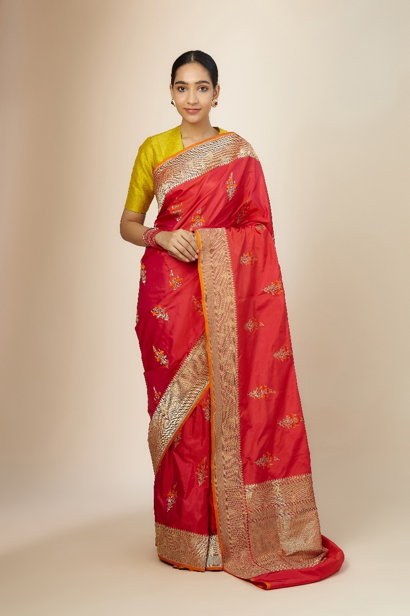 Buy Rose Red Banarasi Silk Saree For Women Online