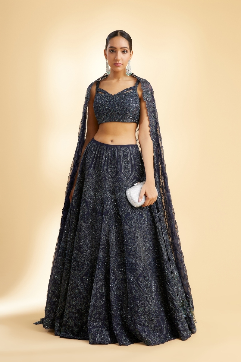 Sky Color Sleeveless Blouse Floral Lehenga With Heavy Embroidery Work