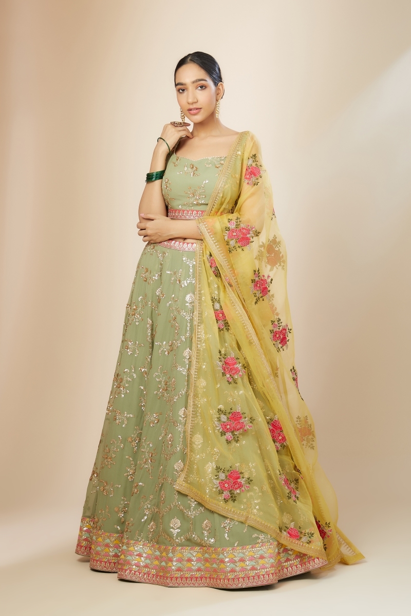 Olive Green Sequined Embroidered Georgette Fancy Lehenga Choli with Blouse  Piece - Granthva Fab - 4056624