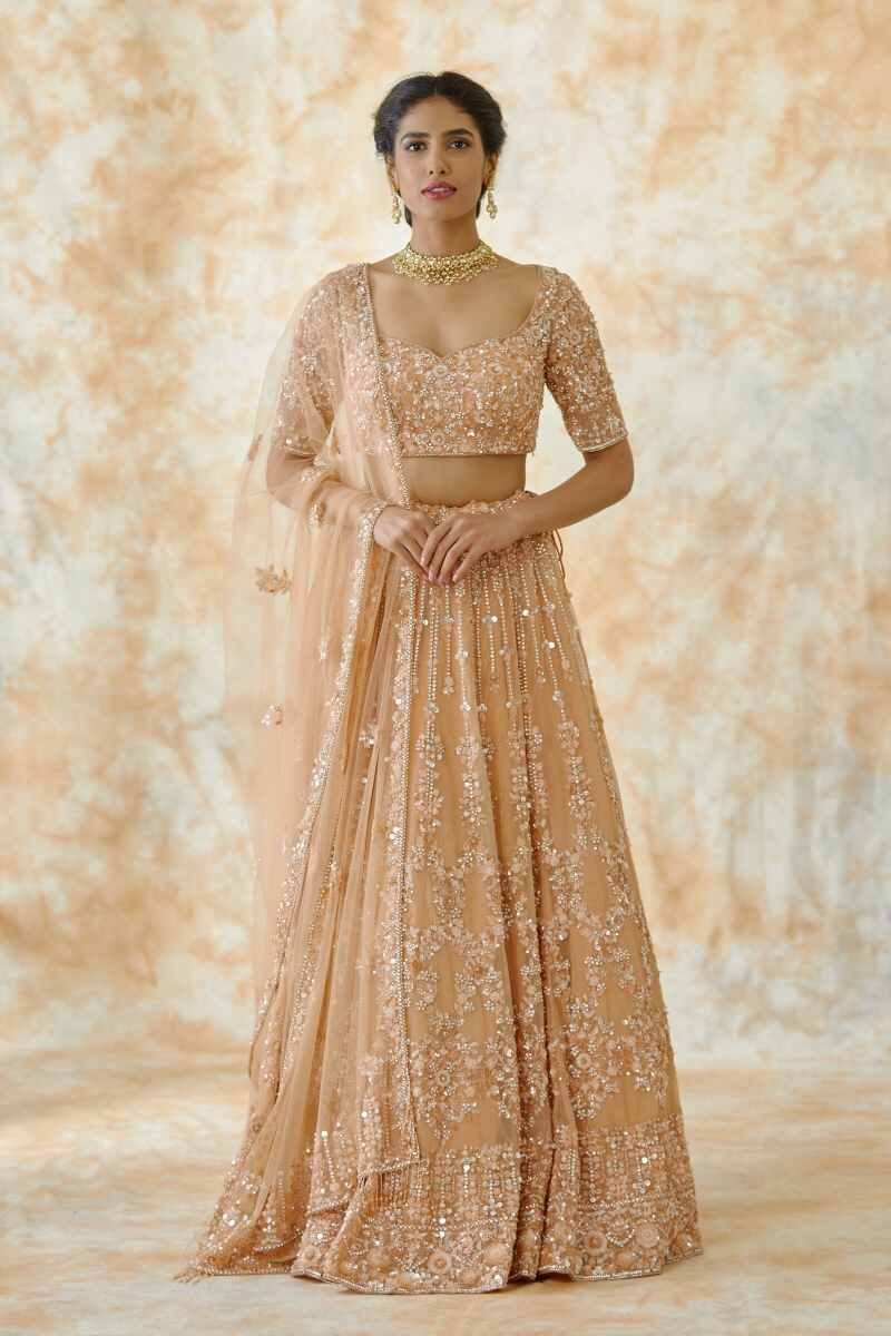 DUSTY PEACH LEHENGA SET WITH ALL OVER SILVER PATTERNED EMBROIDERY PAIRED  WITH A MATCHING DUPATTA AND TASSELS. - Seasons India