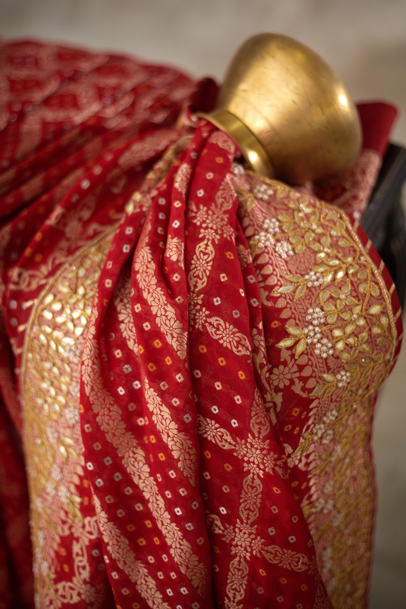 Sari, Silk Wedding -- Red With Big Embroidered White / Silver floral border