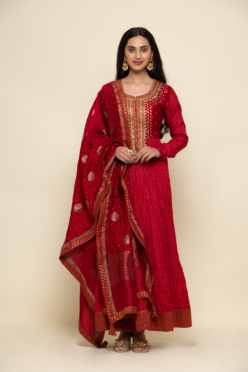 Royal Red Silk Anarkali- Frontier Raas